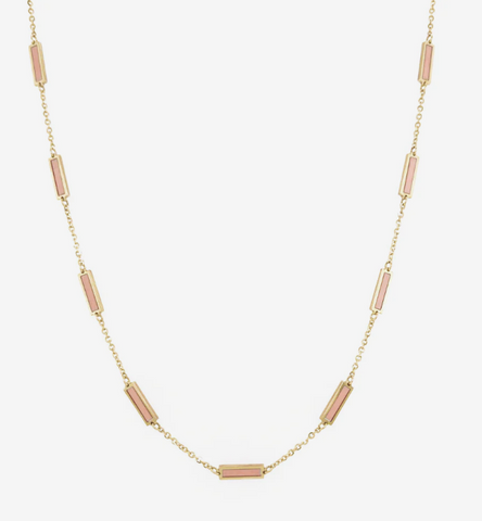 14K YELLOW GOLD LIGHT PINK BAR STATION NECKLACE