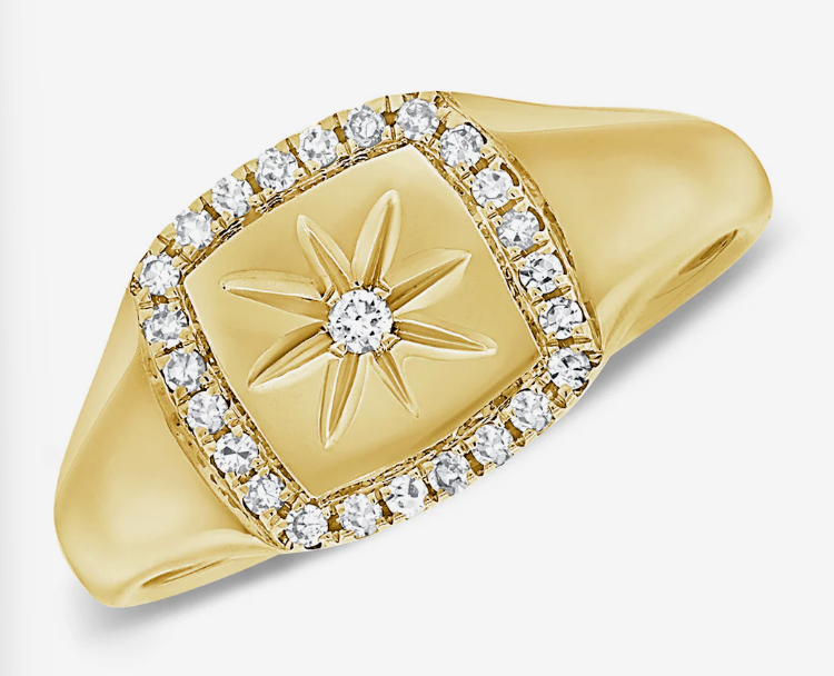 14K Gold Diamond Starburst Pinky Signet Ring