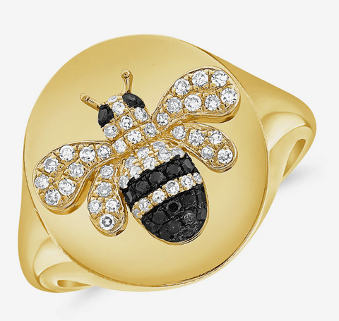 14K Gold Diamond & Black Diamond Bumble Bee Signet Ring
