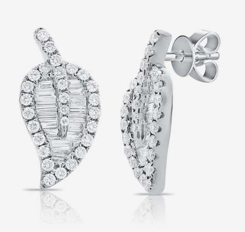 14K White Gold Diamond Baguette Leaf Stud Earrings