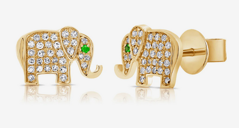 14K Yellow Gold & Diamond Elephant Stud Earrings