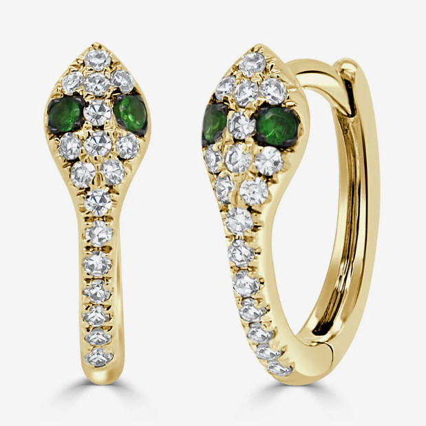 14K Yellow Gold Diamond & Tsavorite Snake Huggie Earrings
