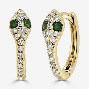 14K Yellow Gold Diamond & Tsavorite Snake Huggie Earrings