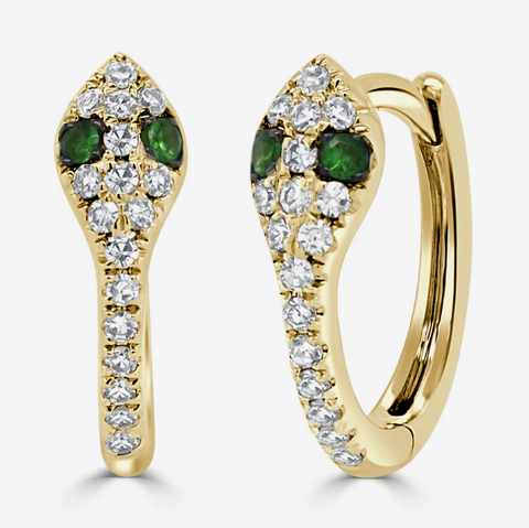 14K Yellow Gold Diamond & Tsavorite Snake Huggie Earrings