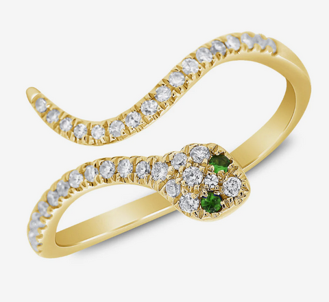 14K Yellow Gold Diamond & Tsavorite Snake Pinky Ring