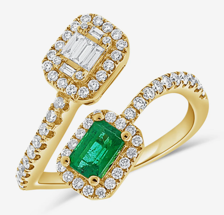 14K Yellow Gold Emerald & Diamond Bypass Ring