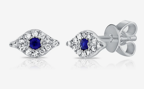 14K Gold Sapphire & Diamond Tiny Evil Eye Stud Earrings