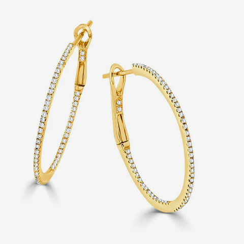 14K Yellow Gold & Diamond Round Hoop Earrings: