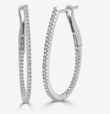 14K White Gold Diamond Pear Shaped Hoops: