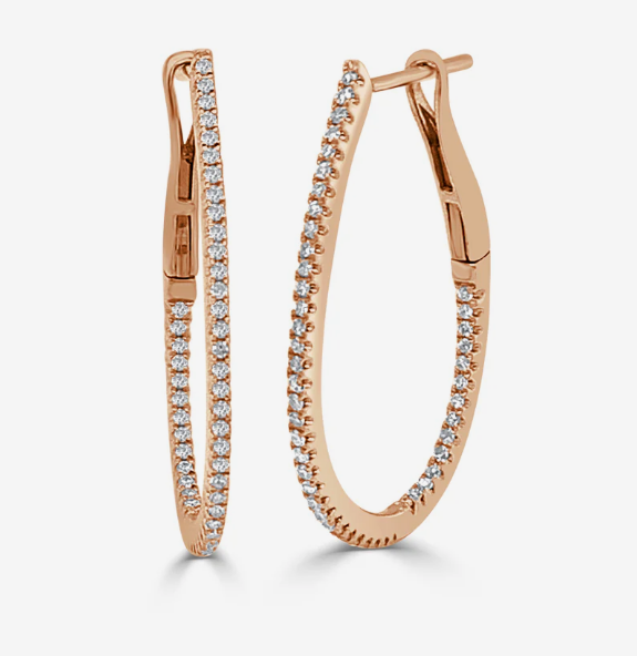 14K Rose Gold Diamond Pear Shaped Hoops: