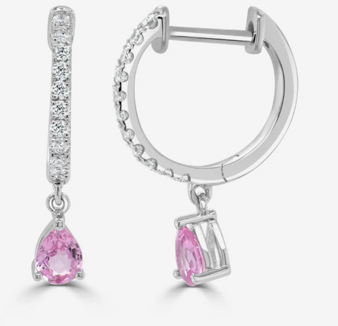 14K WHITE GOLD DIAMOND PINK SAPPHIRE PEAR SHAPE EARRINGS