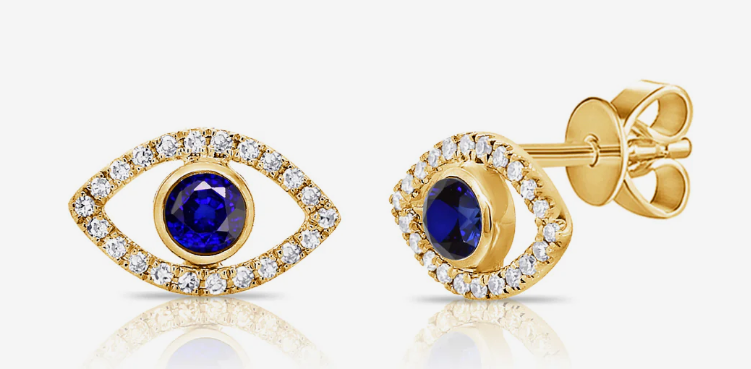 14K Gold Sapphire & Diamond Evil Eye Stud Earrings