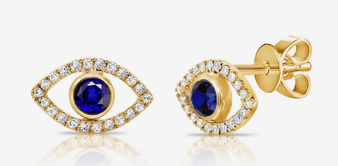 14K Gold Sapphire & Diamond Evil Eye Stud Earrings