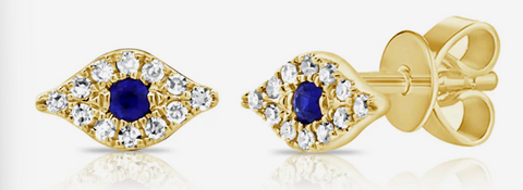 14K Yellow Gold Sapphire & Diamond Evil Eye Stud Earrings: