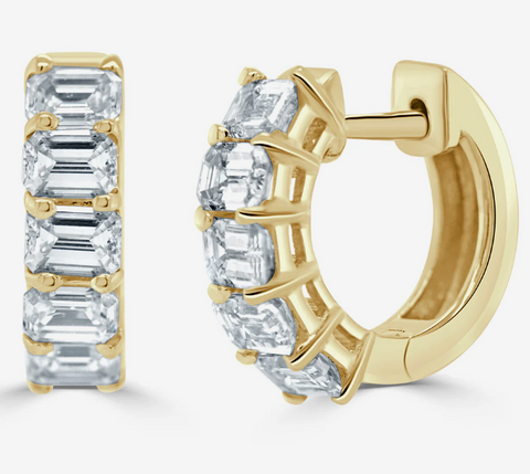 14K Gold Emerald-Cut Diamond Huggie Earrings