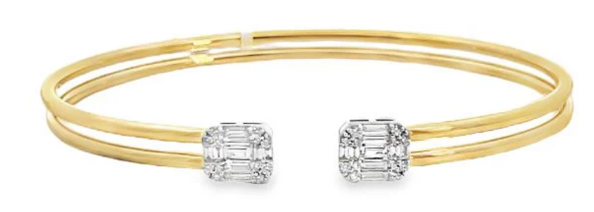 18K Yellow Gold Baguette & Round Diamond Open Bangle