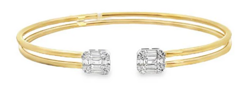 18K Yellow Gold Baguette & Round Diamond Open Bangle