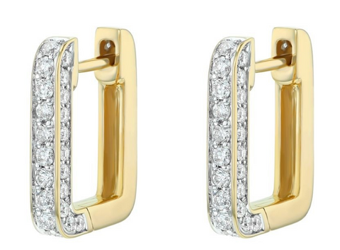 14K Yellow Gold Diamonds Rectangle Shape Hoop Earrings
