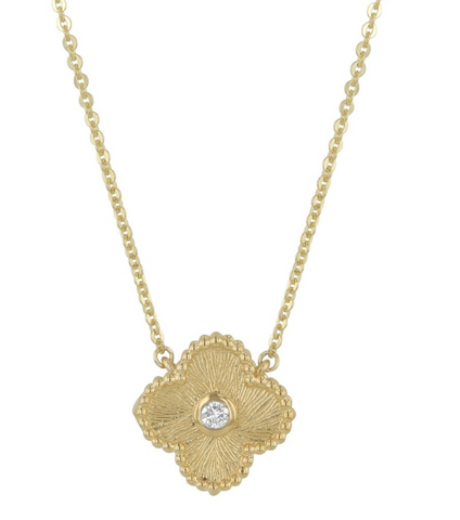 14K Yellow Gold 0.05 carat Diamond Textured Clover Necklace