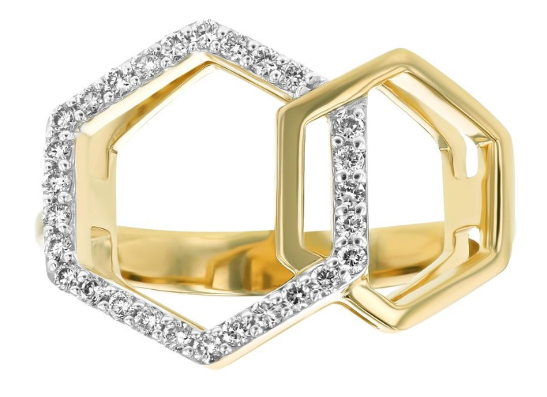 14K Yellow Gold Diamond Geometric Entwined Hexagons Ring: