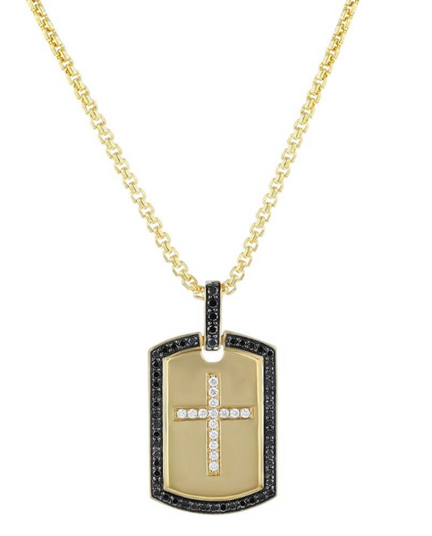 4K Yellow Gold Black and White Diamonds Dog Tag Cross Pendant