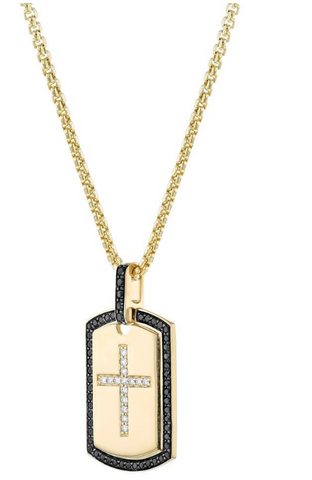 4K Yellow Gold Black and White Diamonds Dog Tag Cross Pendant