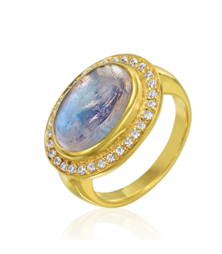 Moonstone Cabochon & Diamond Gold Ring:
