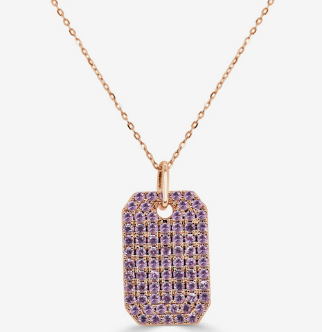 14K GOLD PINK SAPPHIRE PAVE DOG TAG CHARM NECKLACE