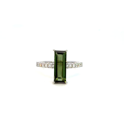 18K White Gold Green Tourmaline & Diamond Ring – East-West Baguette Design