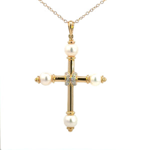 14k Yellow Gold Pearl & Diamond Cross Pendant