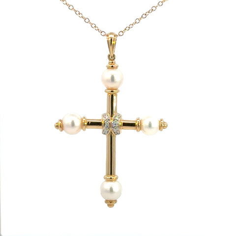 14k Yellow Gold Pearl & Diamond Cross Pendant