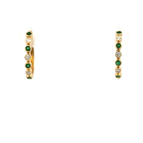 14K Yellow Gold Emerald & Diamond Hoop Earrings