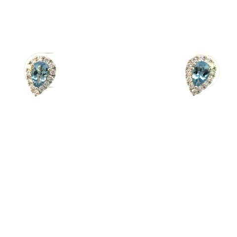 14K White Gold Aquamarine & Diamond Halo Stud Earrings