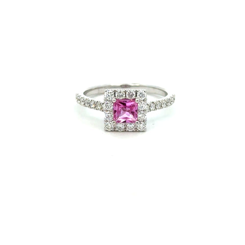 14K White Gold Pink Sapphire & Diamond Halo Ring
