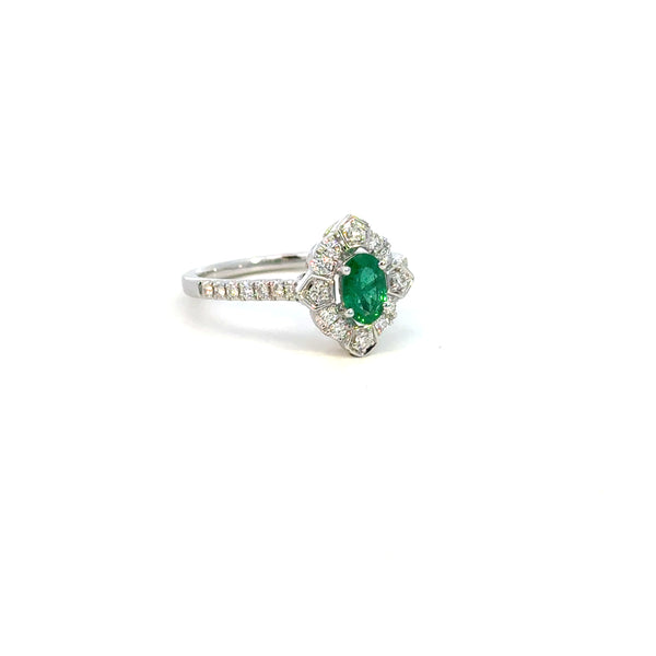 14K White Gold Emerald & Diamond Halo Ring