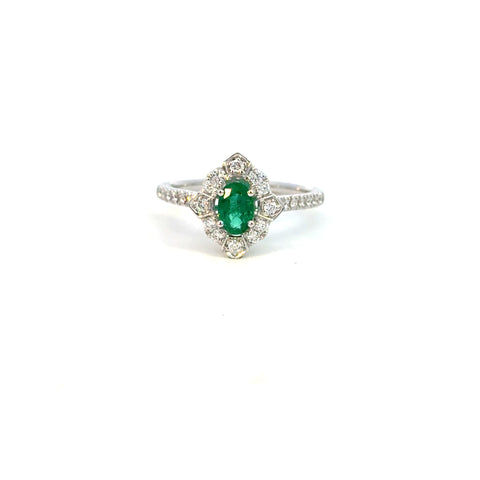 14K White Gold Emerald & Diamond Halo Ring