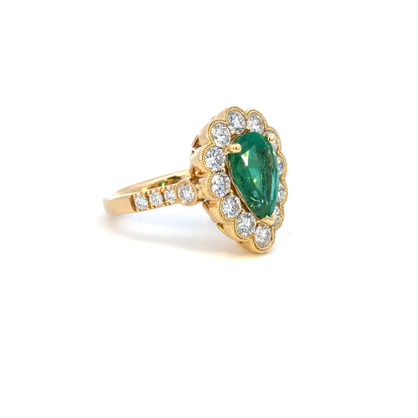 14k Yellow Gold  Pear Emerald & Diamond Halo Ring