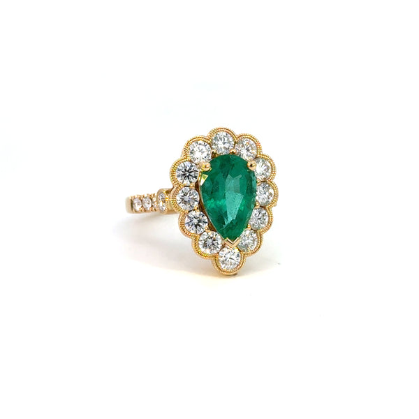14k Yellow Gold  Pear Emerald & Diamond Halo Ring