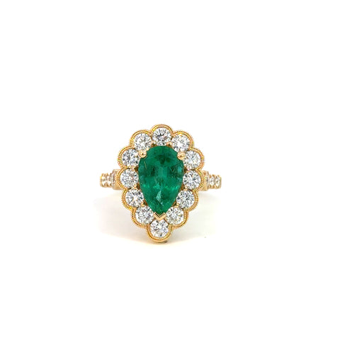 14k Yellow Gold  Pear Emerald & Diamond Halo Ring