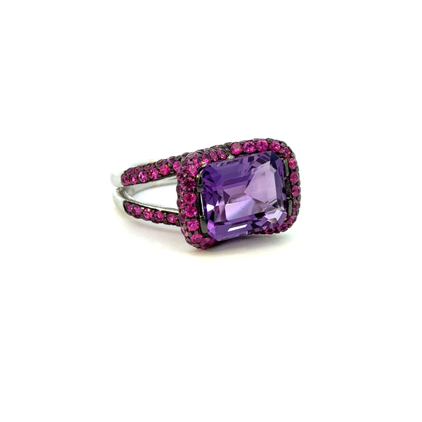 14K White Gold Amethyst & Pink Sapphire Halo Ring