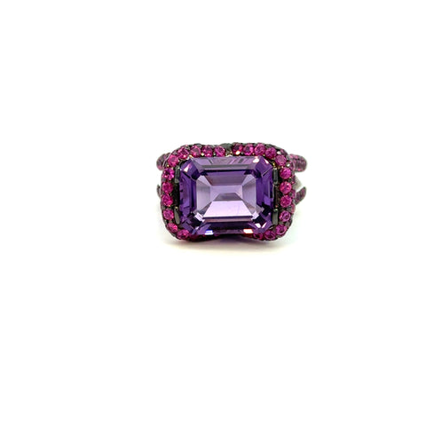 14K White Gold Amethyst & Pink Sapphire Halo Ring