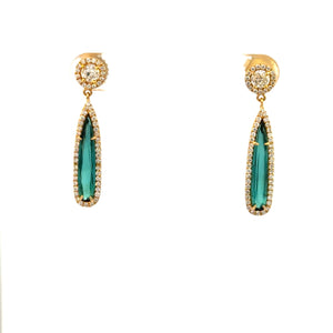 14K Yellow Gold Lagoon Tourmaline Drop Halo Earrings