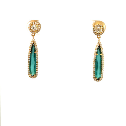 14K Yellow Gold Lagoon Tourmaline Drop Halo Earrings