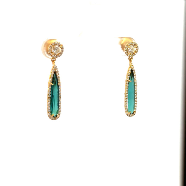 14K Yellow Gold Lagoon Tourmaline Drop Halo Earrings