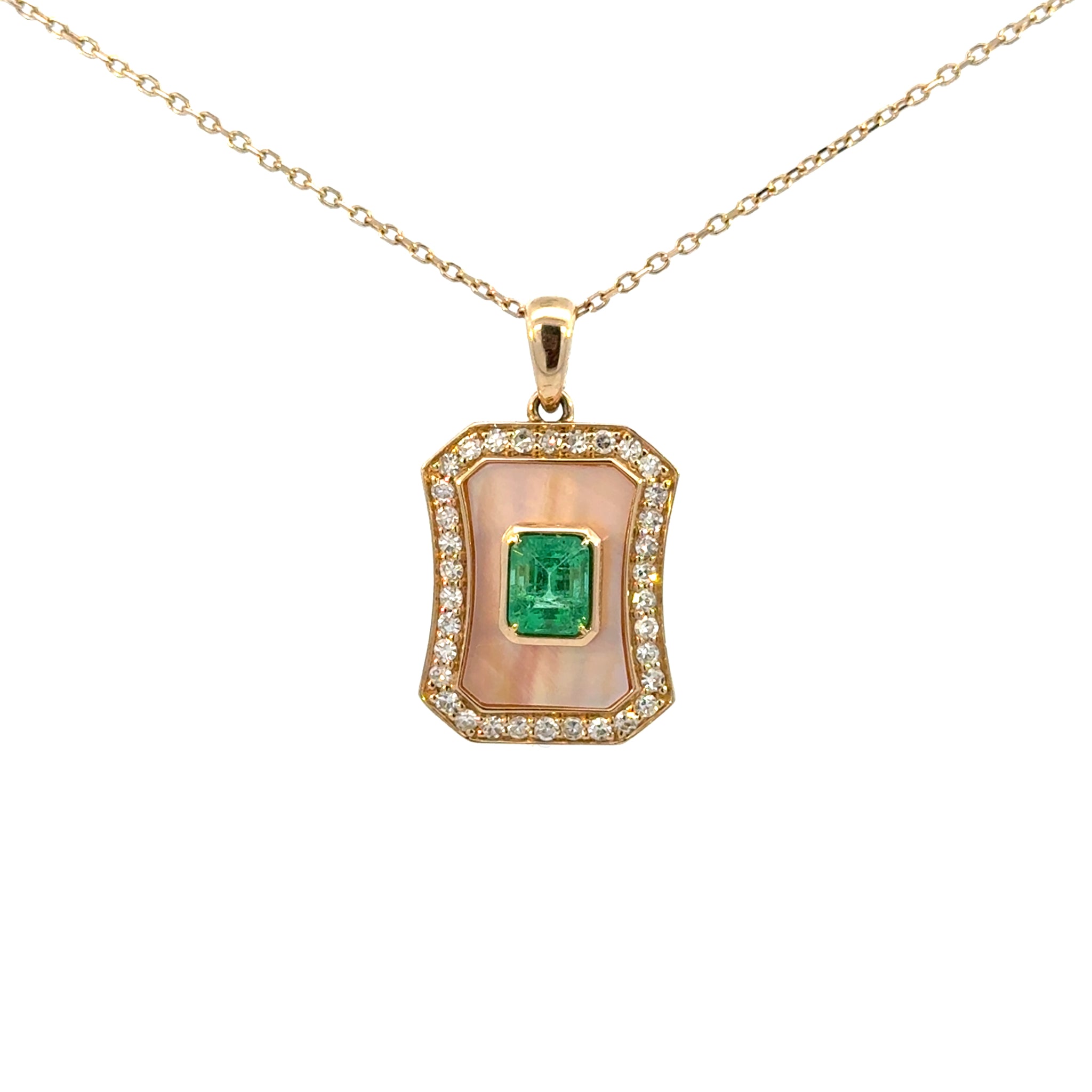 14K Yellow Gold Emerald & Mother-of-Pearl Halo Pendan