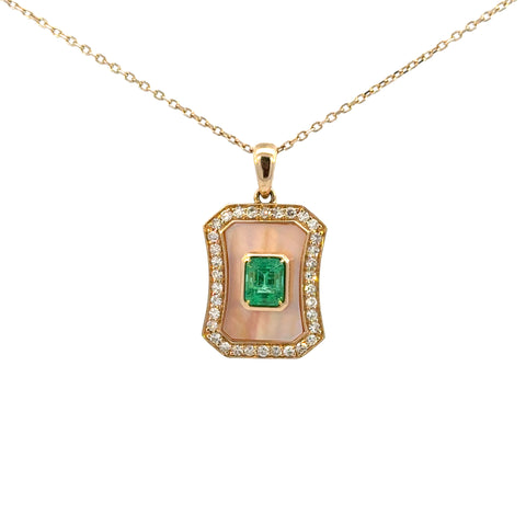 14K Yellow Gold Emerald & Mother-of-Pearl Halo Pendan