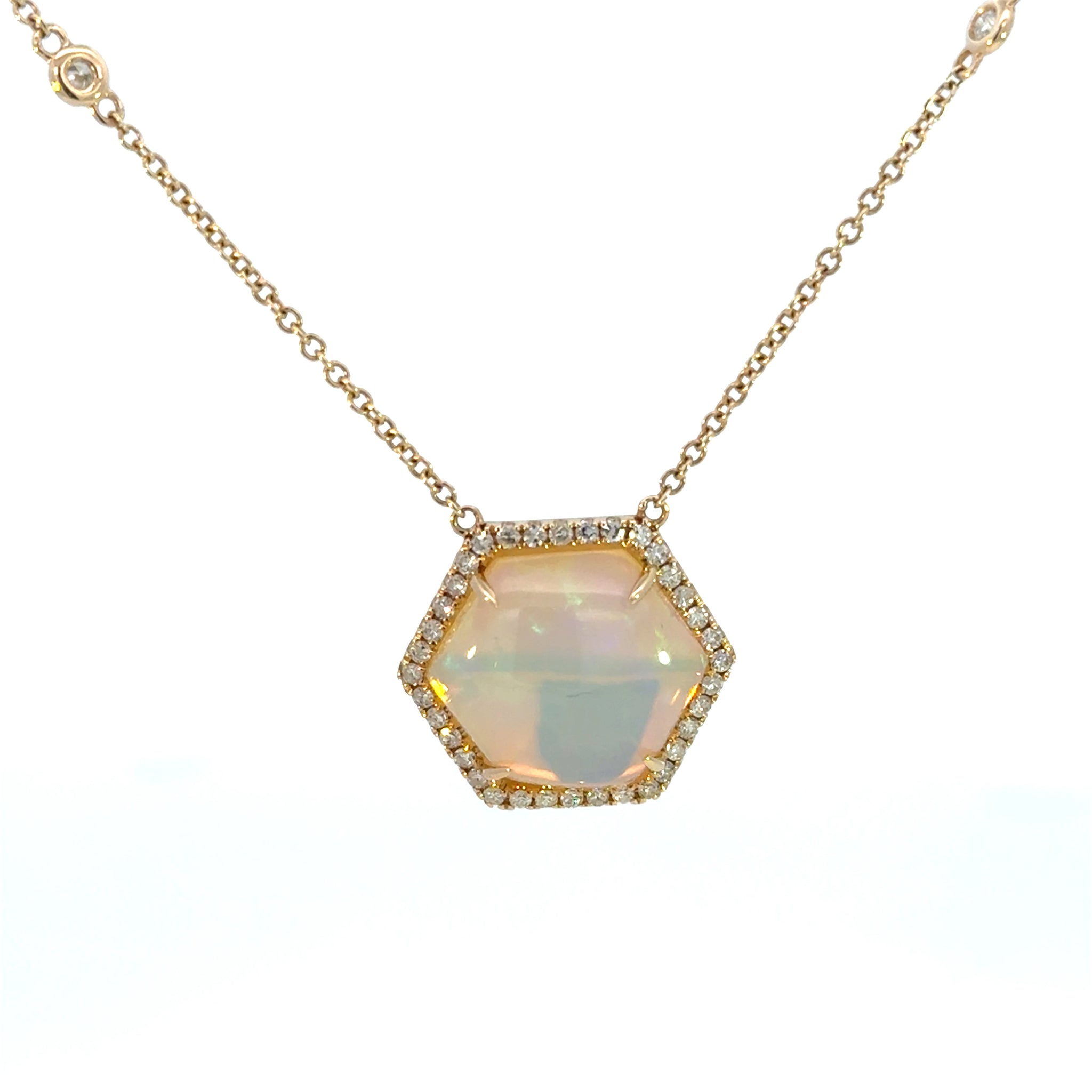 14K Yellow Gold Hexagon Opal & Diamond Necklace