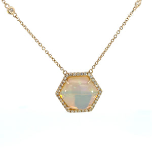14K Yellow Gold Hexagon Opal & Diamond Necklace