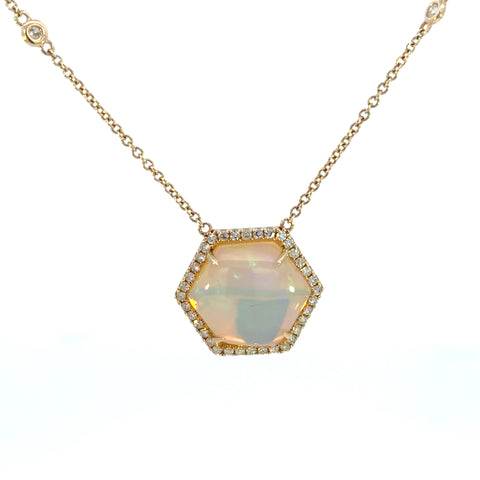 14K Yellow Gold Hexagon Opal & Diamond Necklace