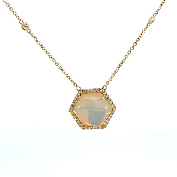 14K Yellow Gold Hexagon Opal & Diamond Necklace